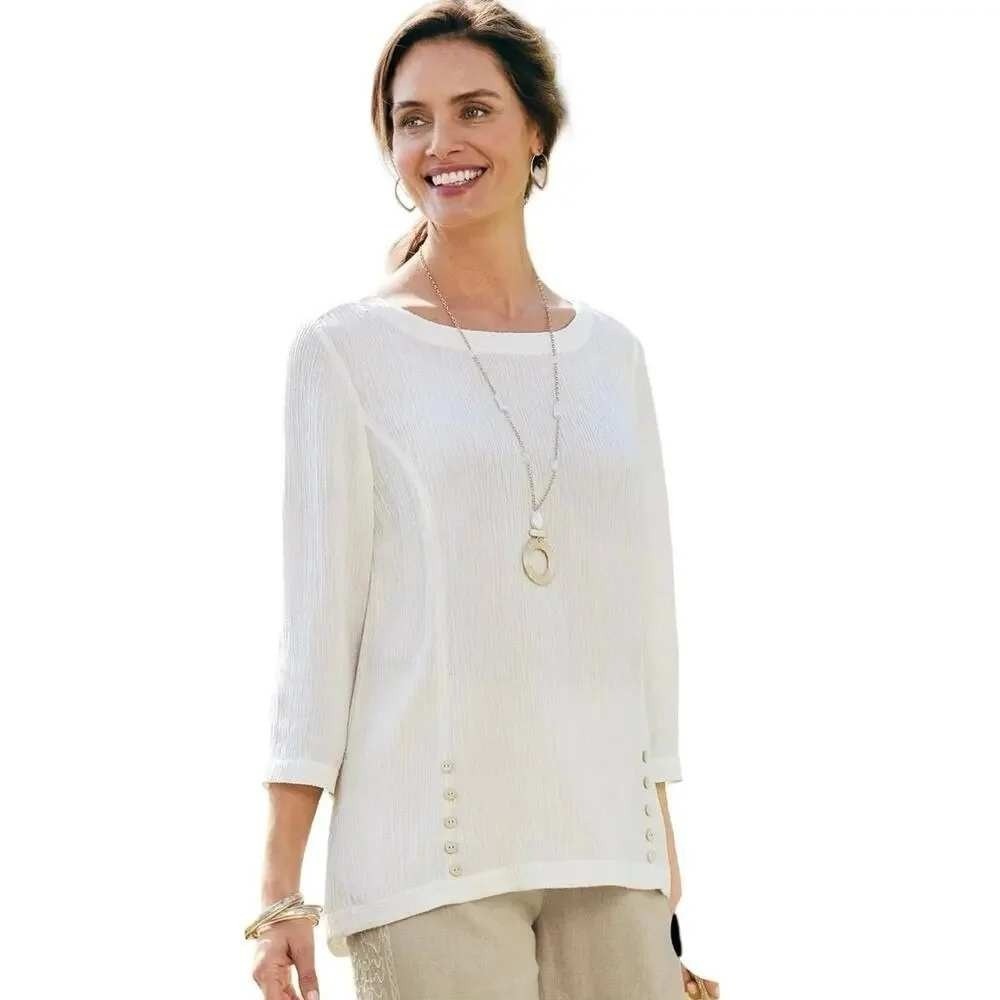 Soft Surroundings Womens Oceo Crinkle Gauze 3/4 Sleeve Tunic Ivory Cream Size XS